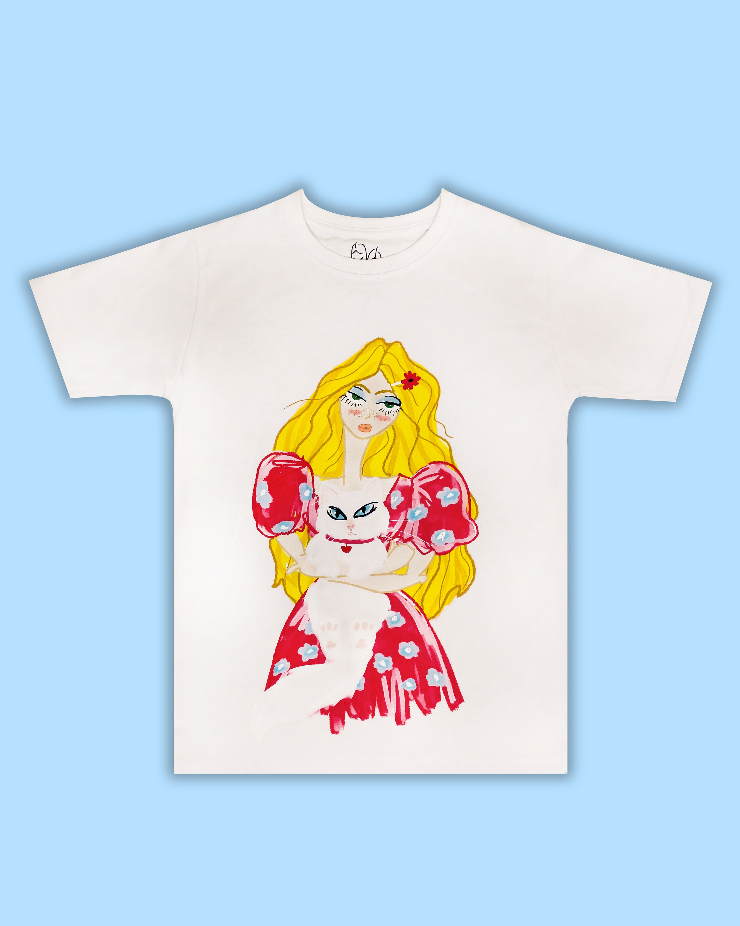 Duchess T-Shirt,Stunning Illustration,Beachy Blonde Curls,Hot Pink Dress,Persian White Cat,Heart-Shaped Collar,Dress Up Casual Jeans,100% Cotton Fabric,Lightweight Summer Wear,Cat Lover's Delight,Adorned by Cat Lovers,Sizes XS to XXL,Fashionable Tee,Unique Artwork,Stylish Look,Statement Piece,Versatile Fashion,UAE Fashion Trends,Instagram-Worthy Style,Fashionista's Must-Have,Summer Wardrobe Essential,Persian Cat Fashion