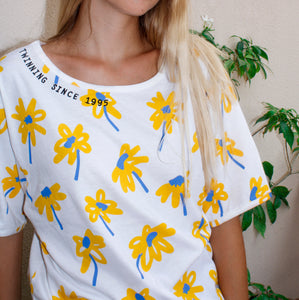 minimal embroidery, 100% cotton, floral print, sunflower